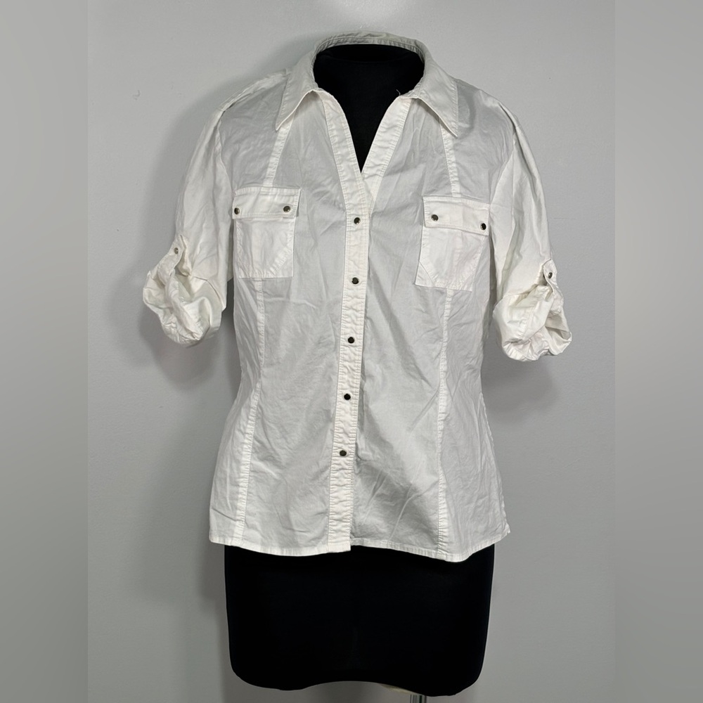 White Button-Front Roll-Sleeve Women's Shirt